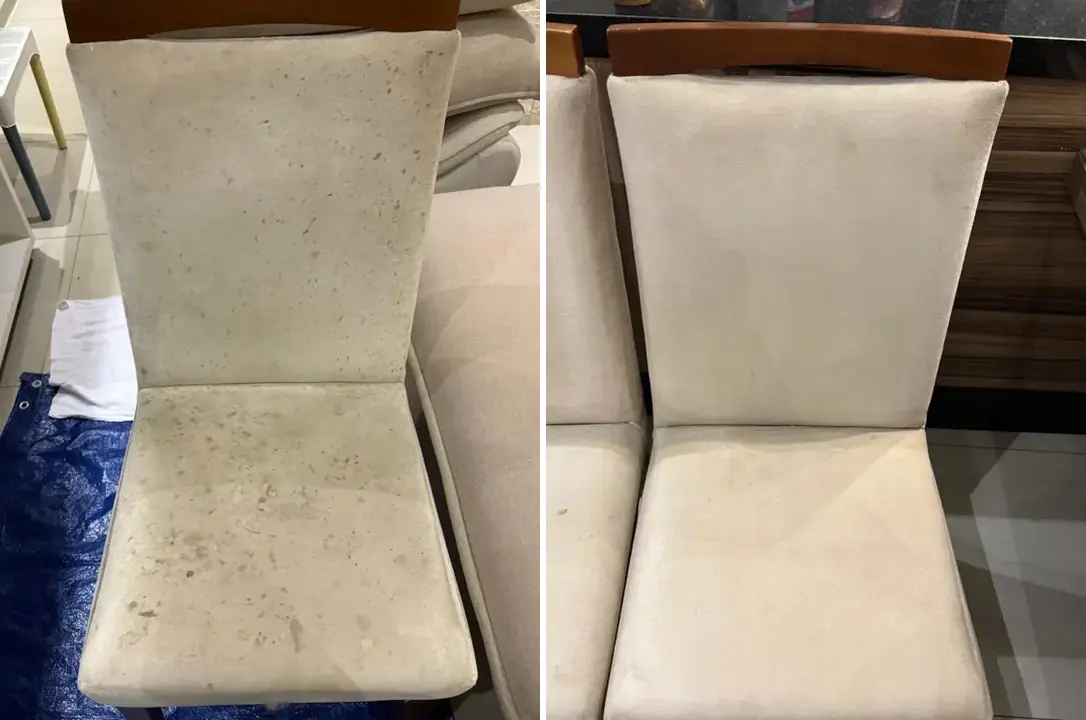Cadeira de jantar clara: à esquerda com manchas antes, à direita limpa depois da higienização